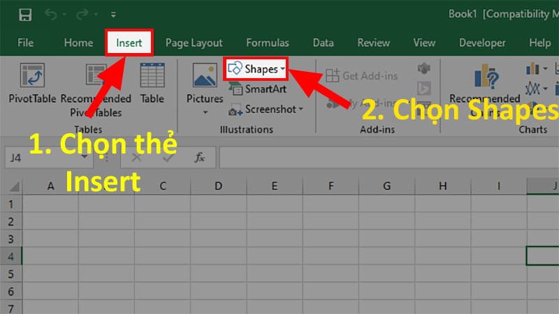 Mở file Excel > Chọn thẻ Insert > Nhấn chọn phần Shapes