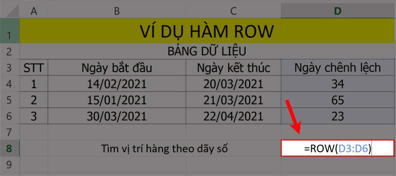 Ví dụ minh họa hàm ROW.