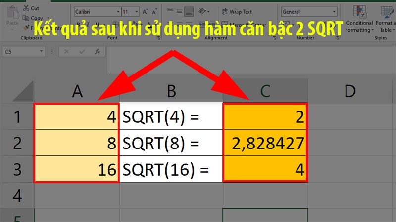 Các giá trị trước và sau khi được tính bởi hàm SQRT