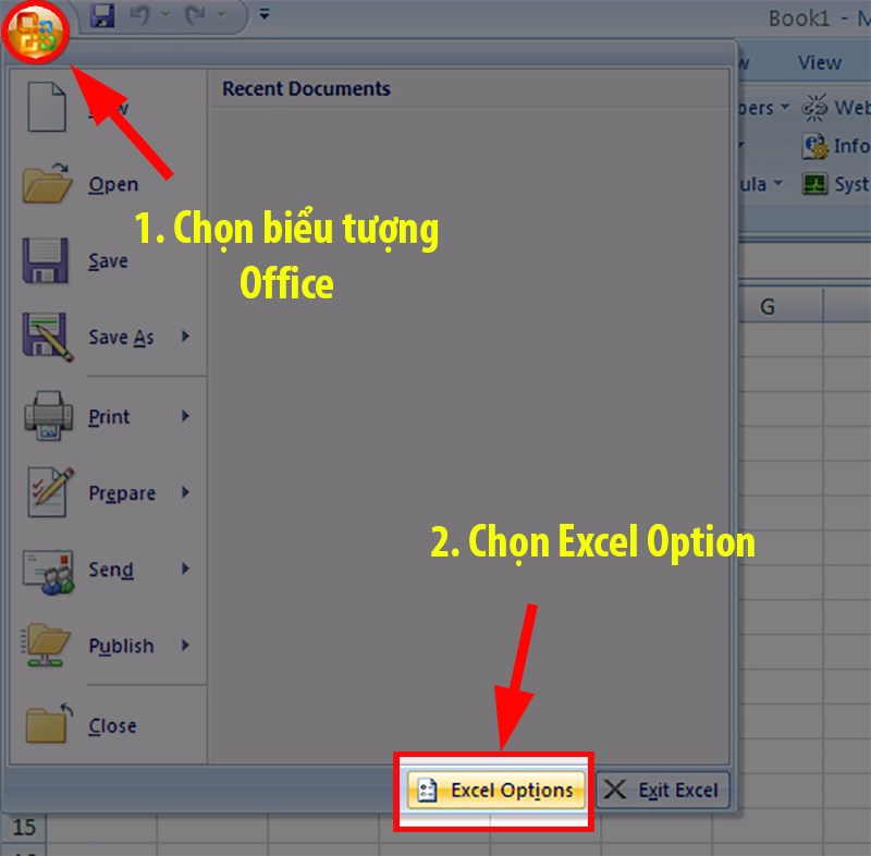 Chọn biểu tượng Office trên thanh công cụ > Chọn Options